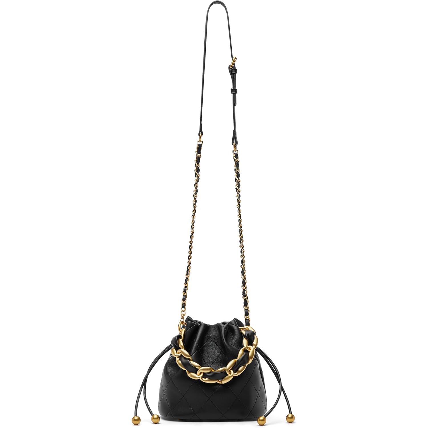 DORIS&JACKY Small Top Handle Bucket Bag, Designer Lambskin Drawstring Crossbody Purse with Chunky Chain Tote Strap