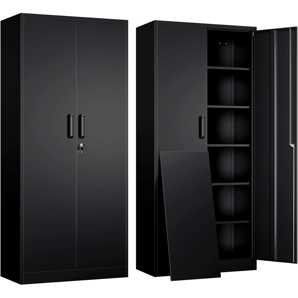 Yizosh Metal Garage Storage Cabinet with 2 Doors and 5 Adjustable Shelves - 71" Steel Lockable File Cabinet,Locking Tool Cabinets for Office,Home,Garage,Gym,School (Black)