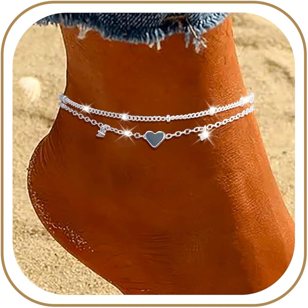 Gold/Sterling Silver Anklet Bracelets for Women Waterproof, Non Tarnish 925 Sterling Sliver Plated Heart Evileye Butterfly Charm, Dainty Summer Beach Anklets for Women, Beach Vacation Bikini Outfits for Her Mom