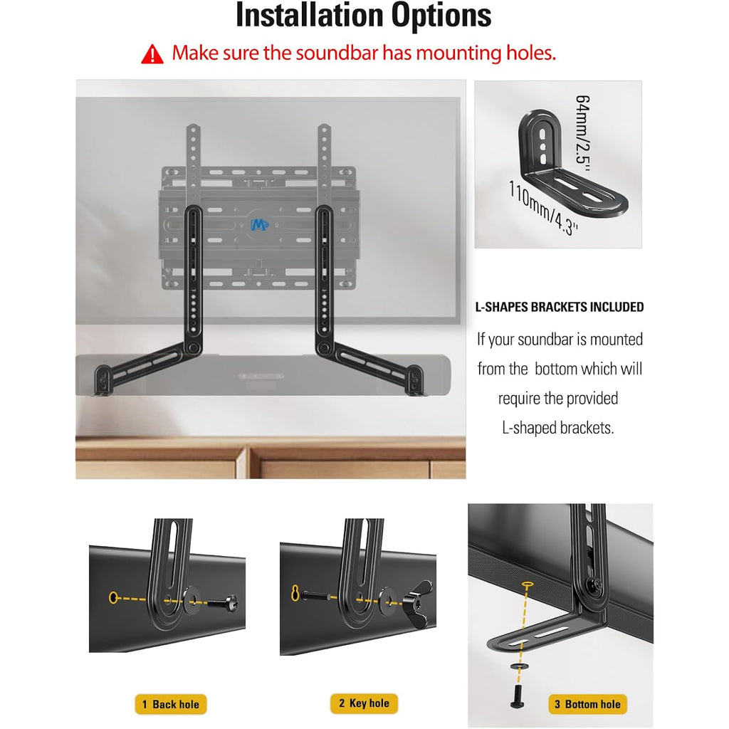 Mounting Dream Soundbar Mount Bracket for Mounting Above or Under TV Fits Most of Sound Bars Up to 15 Lbs, with Detachable Long Extension Plates MD5420