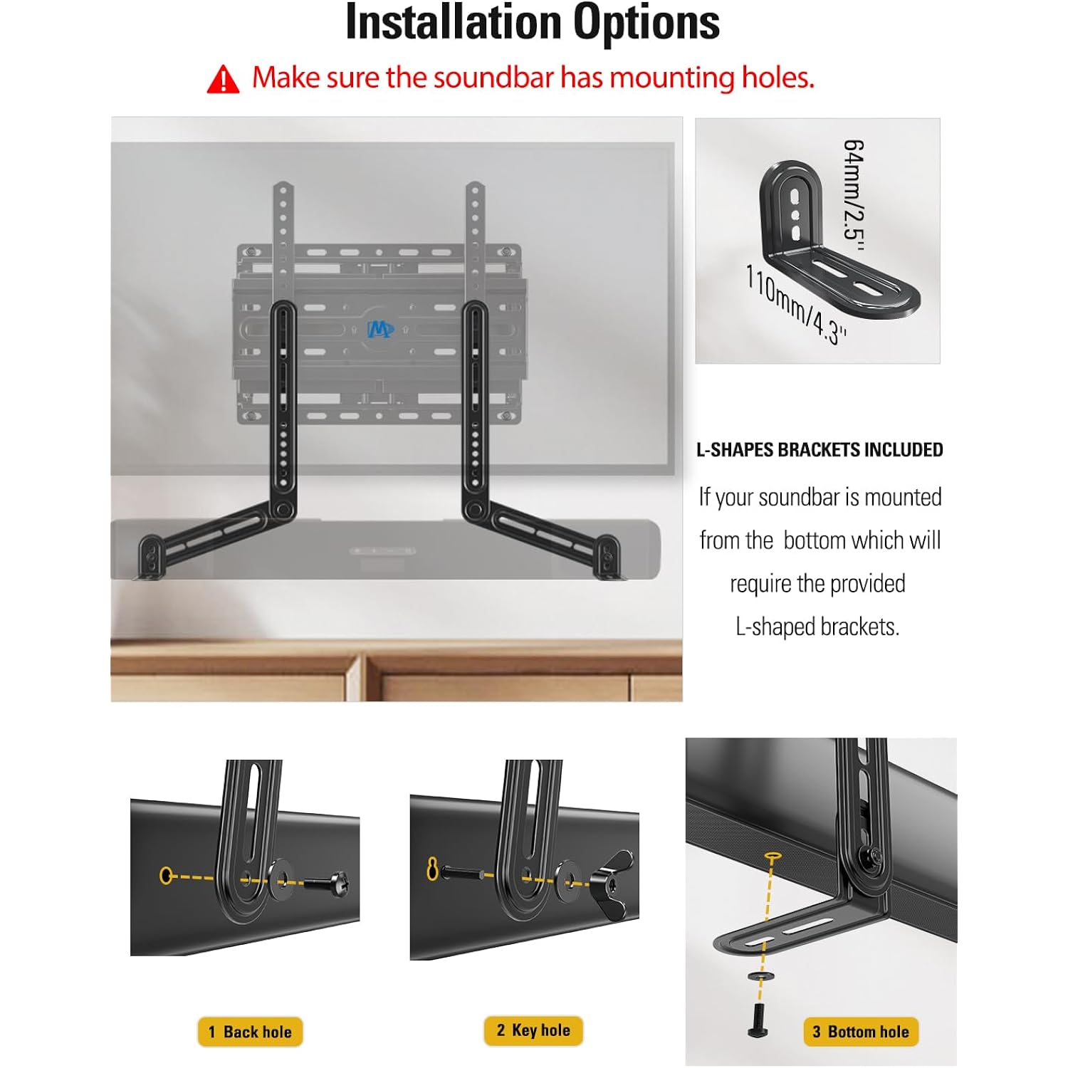 Mounting Dream Soundbar Mount Bracket for Mounting Above or Under TV Fits Most of Sound Bars Up to 15 Lbs, with Detachable Long Extension Plates MD5420