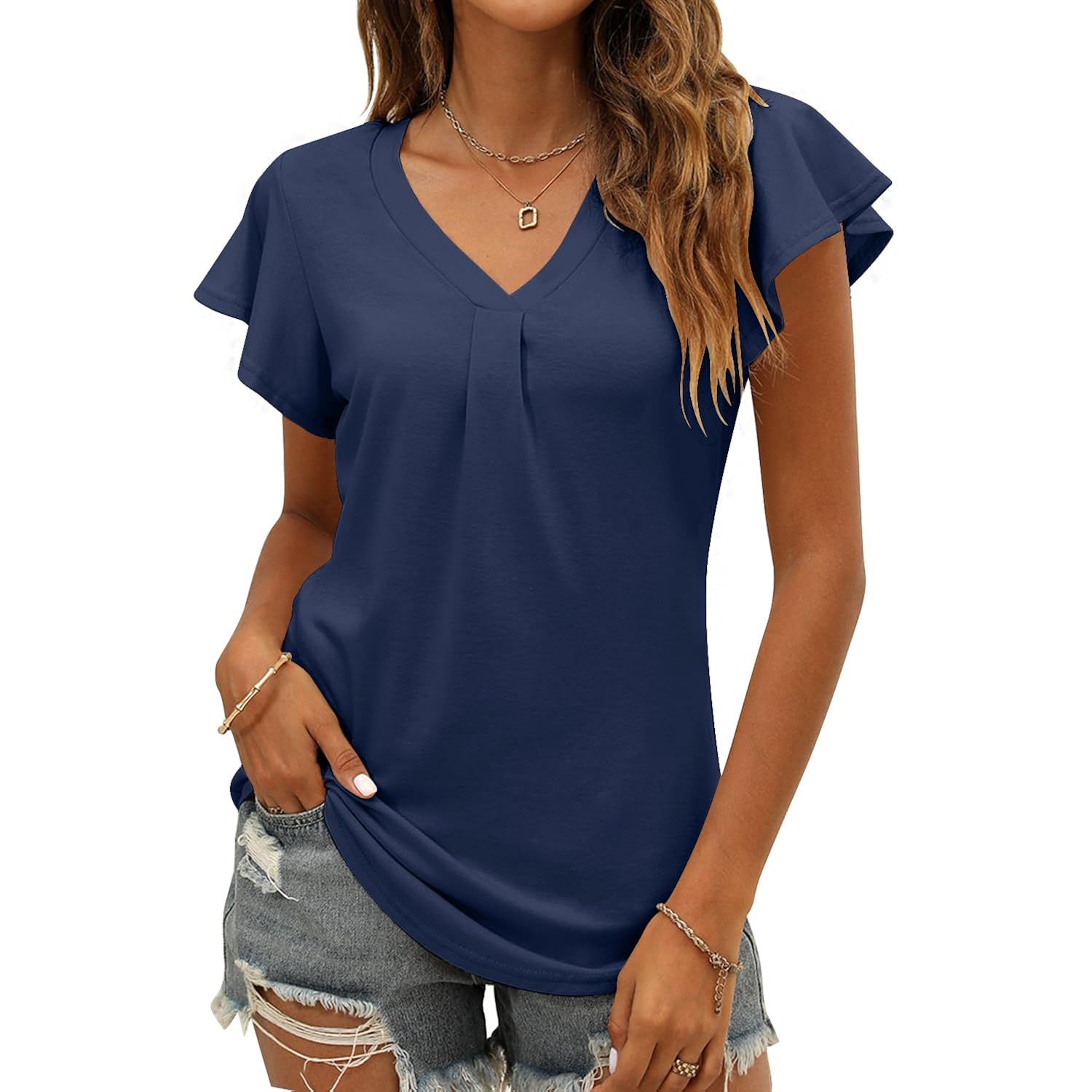 Women'S Summer Tops Ruffle Sleeve V Neck Tunic Shirts Business Casual Flowy Blouses For Women