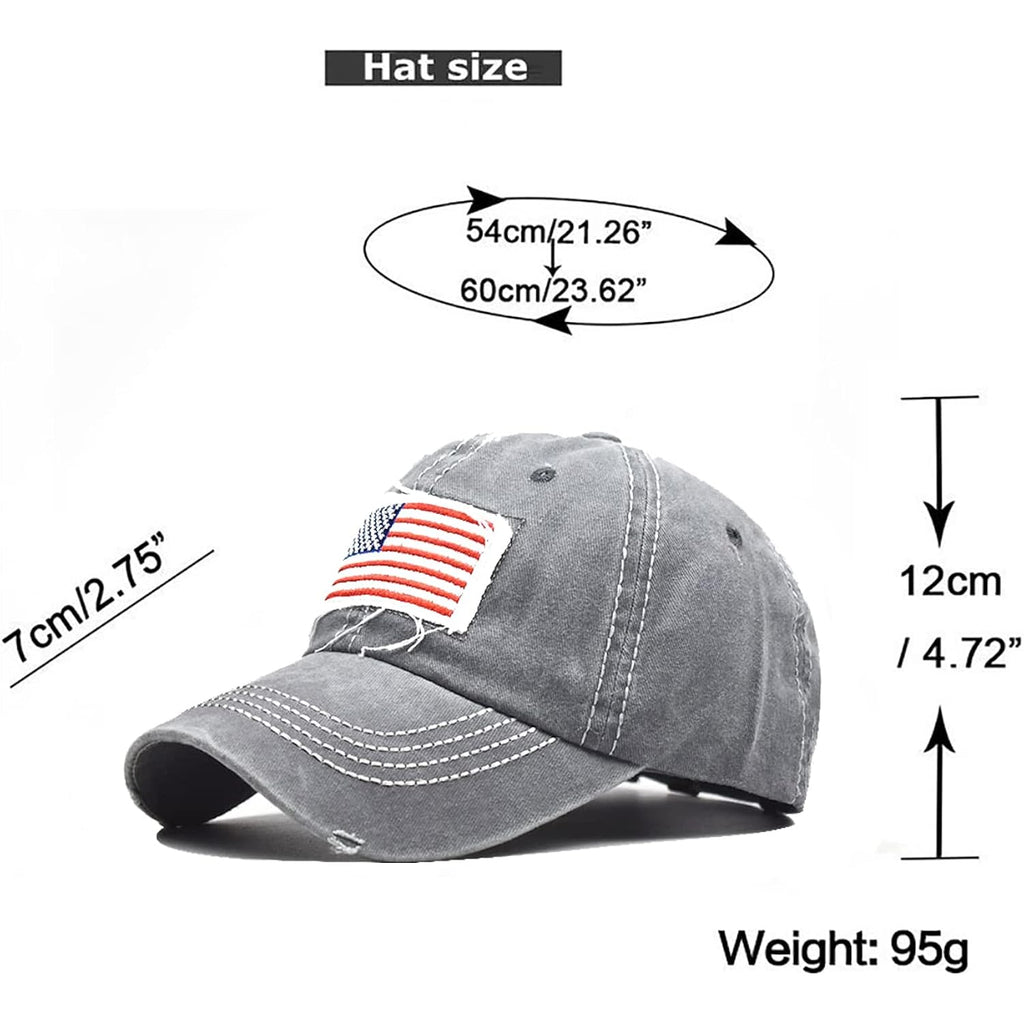 Women American Flag Ponytail Hat Embroidery Washed-Cotton Messy Bun Baseball-Cap Adjustable Grey