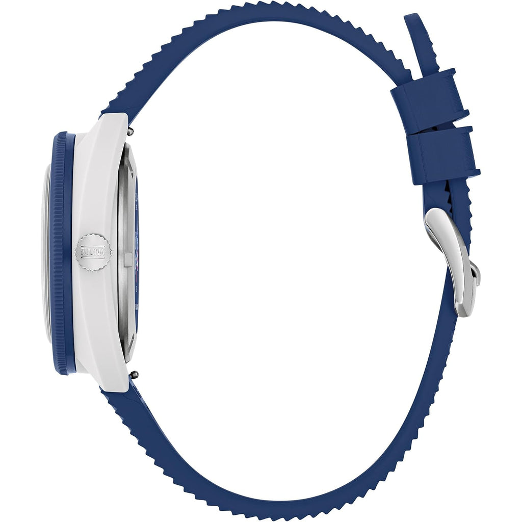 Bulova Men'S Snorkel - America'S 250Th Sail 4Th Special Edition: 41Mm White Hybrid-Ceramic Case With A Blue Rubber Strap & Red Dial (Style: 98B474)