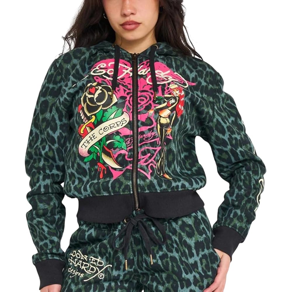 Ed Hardy Women'S Relaxed Zip Front Hoodie Sweatshirt