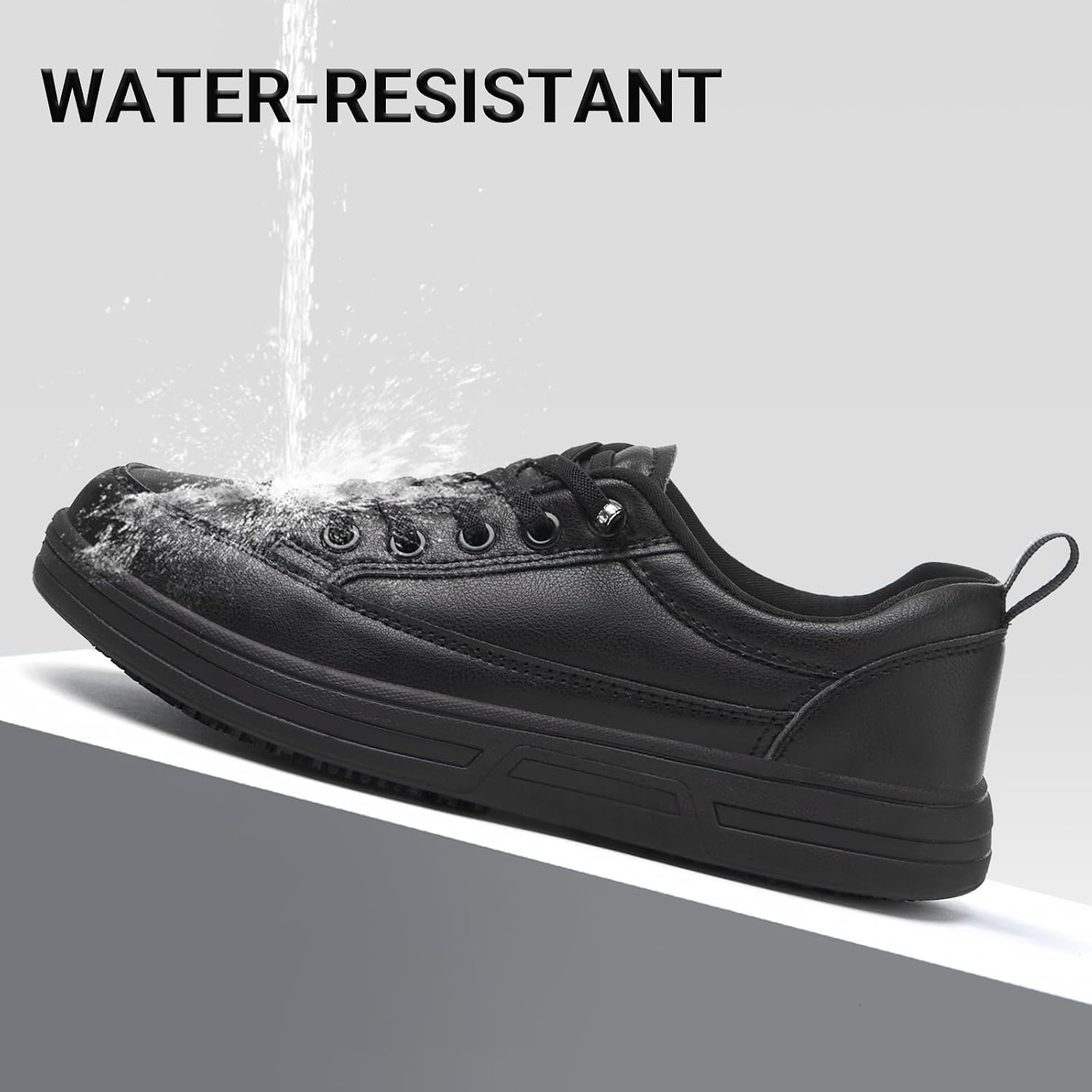 Treesky Black Slip On Non Slip Work Shoes For Women, Faux Leather Sneakers | Slip Resistant Soles, Water Resistant Faux Leather, Wipe Clean, Eva Cushioning, No-Tie Slip-On, For Kitchen & Food Service