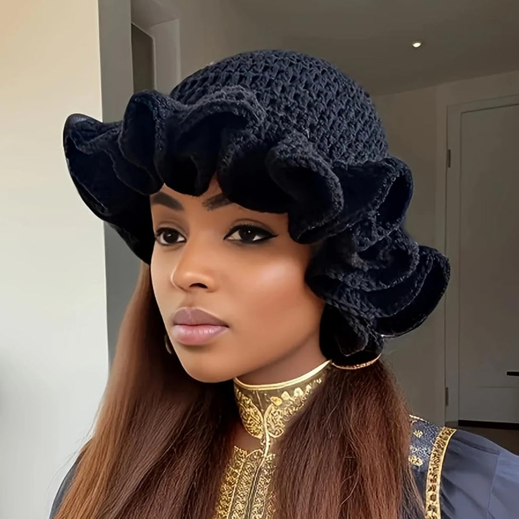 Crochet Bucket Hat for Womens Knitted Hat Trendy Fisherman Hat Foldable Handmade Bucket Cap for Travel Daily Wear A-pure Black