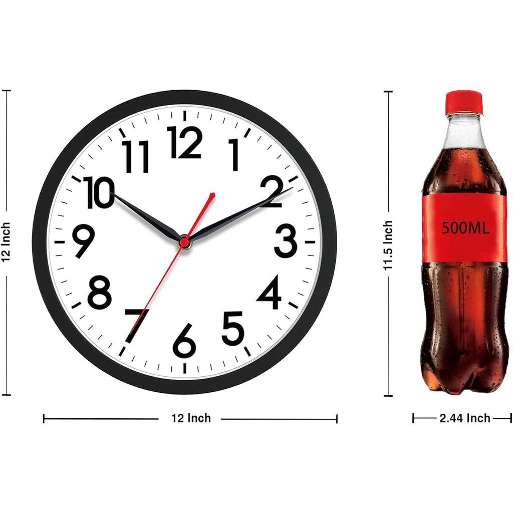 Akcisot 12 Inch Wall Clock, Battery Operated Analog Clock, Silent Non-Ticking, Ideal For Bedroom, Bathroom, Kitchen, Office And School, Black
