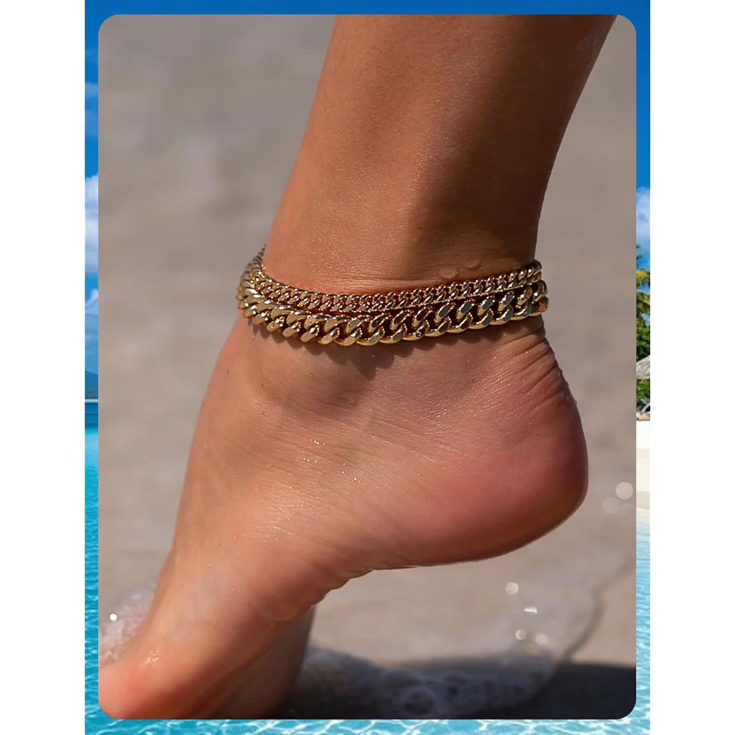 Gold Ankle Bracelets for Women - Waterproof 14K Gold Plated Dainty Cuban Link Chain Anklets, Adjustable Non-Tarnish Layered Anklet Set for Beach Vacation & Everyday Wear, Perfect Jewelry Gift