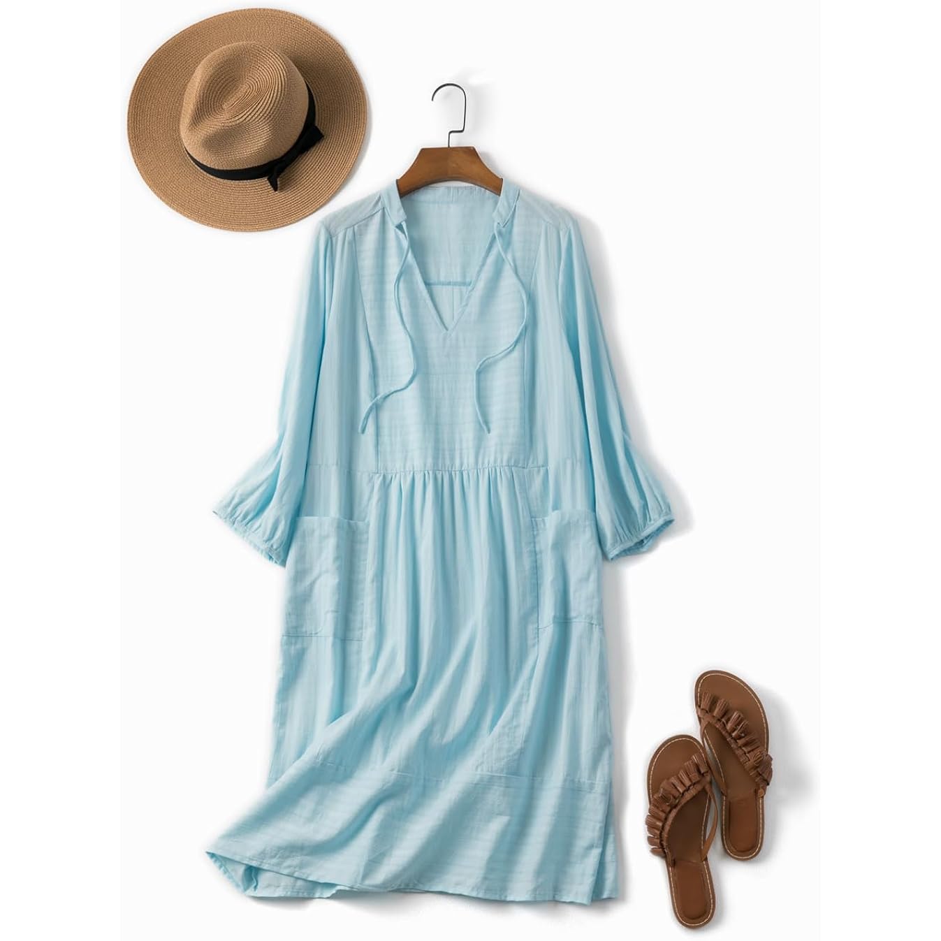 Lafural Womens V Neck Cotton Casual Loose Shift Tunic Smock Summer Dresses Vacation Dress 3/4 Sleeve Pocket