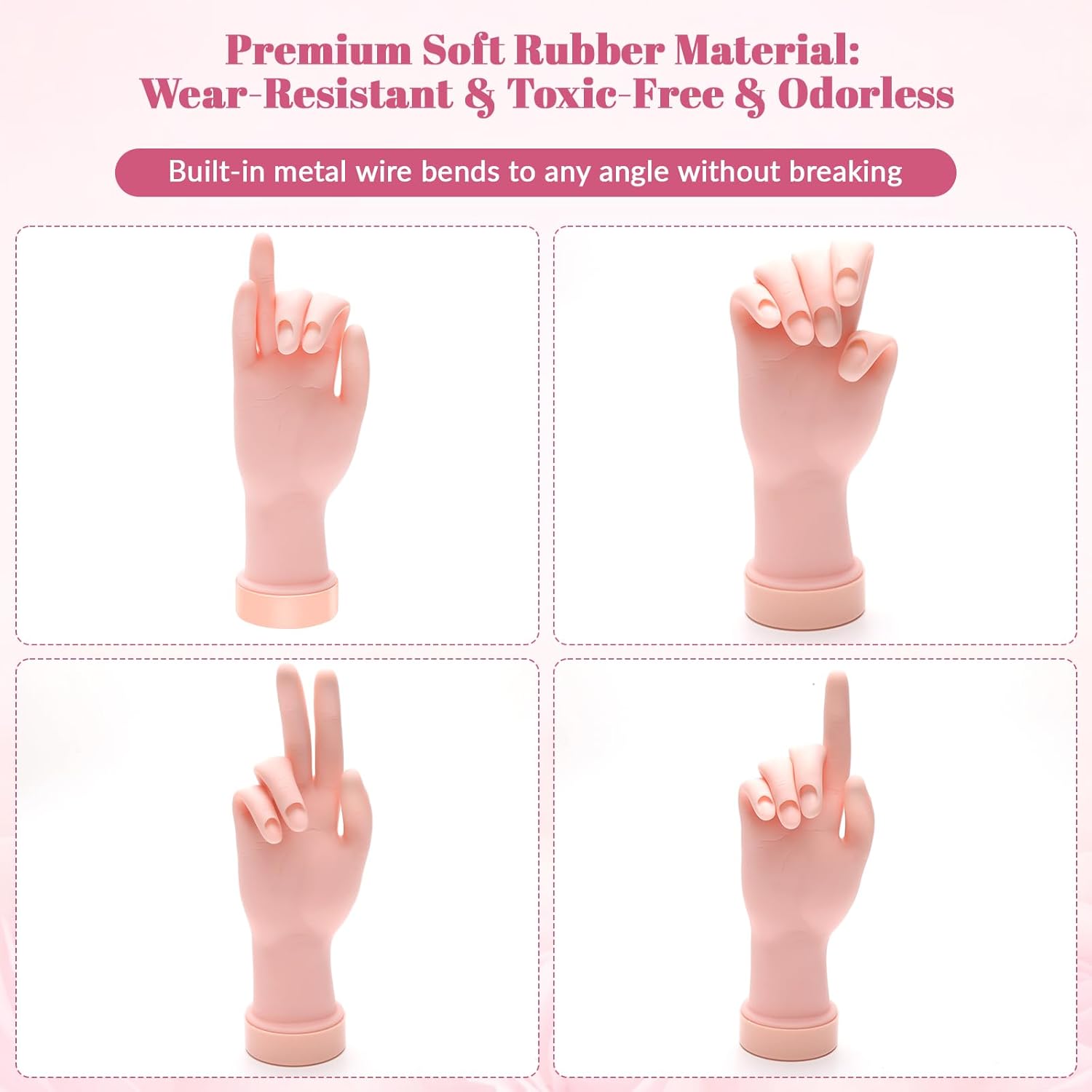 Practice Hand for Acrylic Nails Flexible Bending Nail Practice Hand Training Fake Hand Nail Hand Practice Tools with 100PCS Nail Tips, 120PCS Jelly Double Sided Nail Adhesives and 9PCS Brush