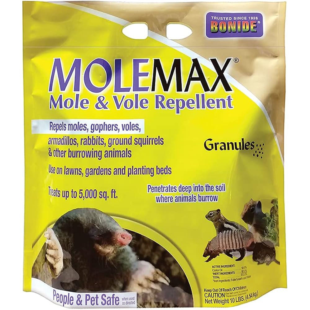Bonide Molemax Mole & Vole Repellent Granules, 10 Lbs. Ready-To-Use, Outdoor Lawn & Garden Mole Control, People & Pet Safe | Ready-To-Use, Outdoor Lawn & Garden Mole Control, People & Pet Safe