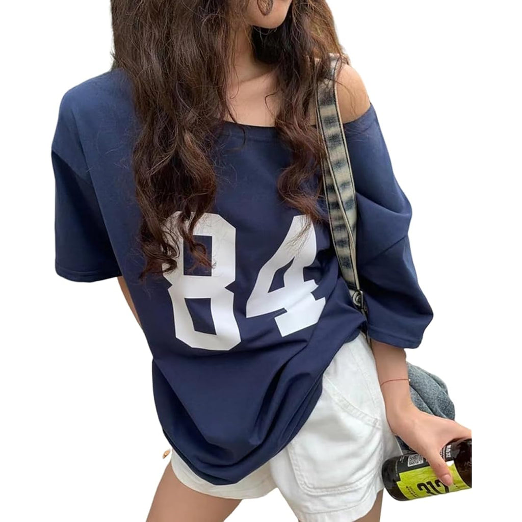 Pinclodly Off The Shoulder Tops for Women Short Sleeve Y2K Jersey Number Graphic Oversized Tshirts E-Girl Tees Blue 01 Oversized Tshirts
