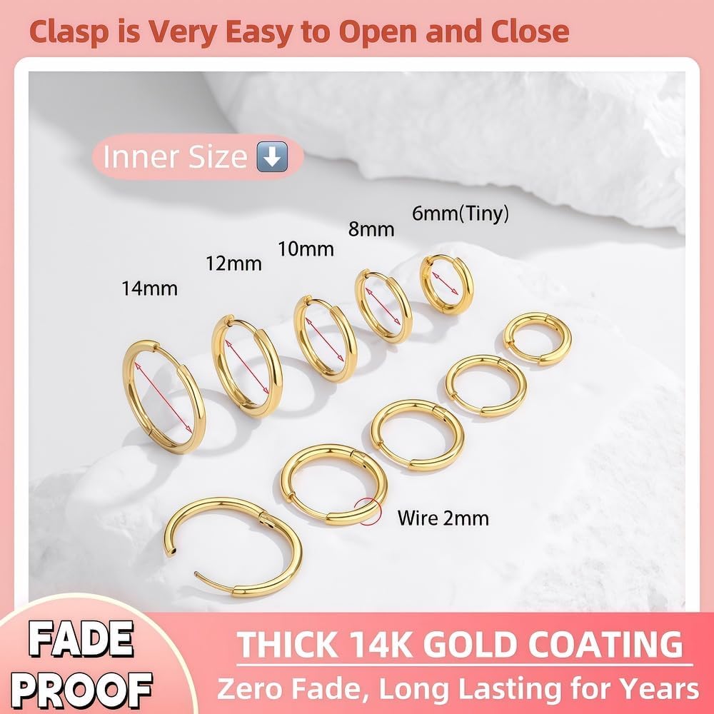 5 Pairs 14K Gold Plated Huggie Hoop Earrings for Women - Lightweight Minimalist Small Hoops, Hypoallergenic Nickel-free Lead-free, Non-Tarnish Everyday Jewelry for Sensitive Ears, Multiple Piercing Stack Set