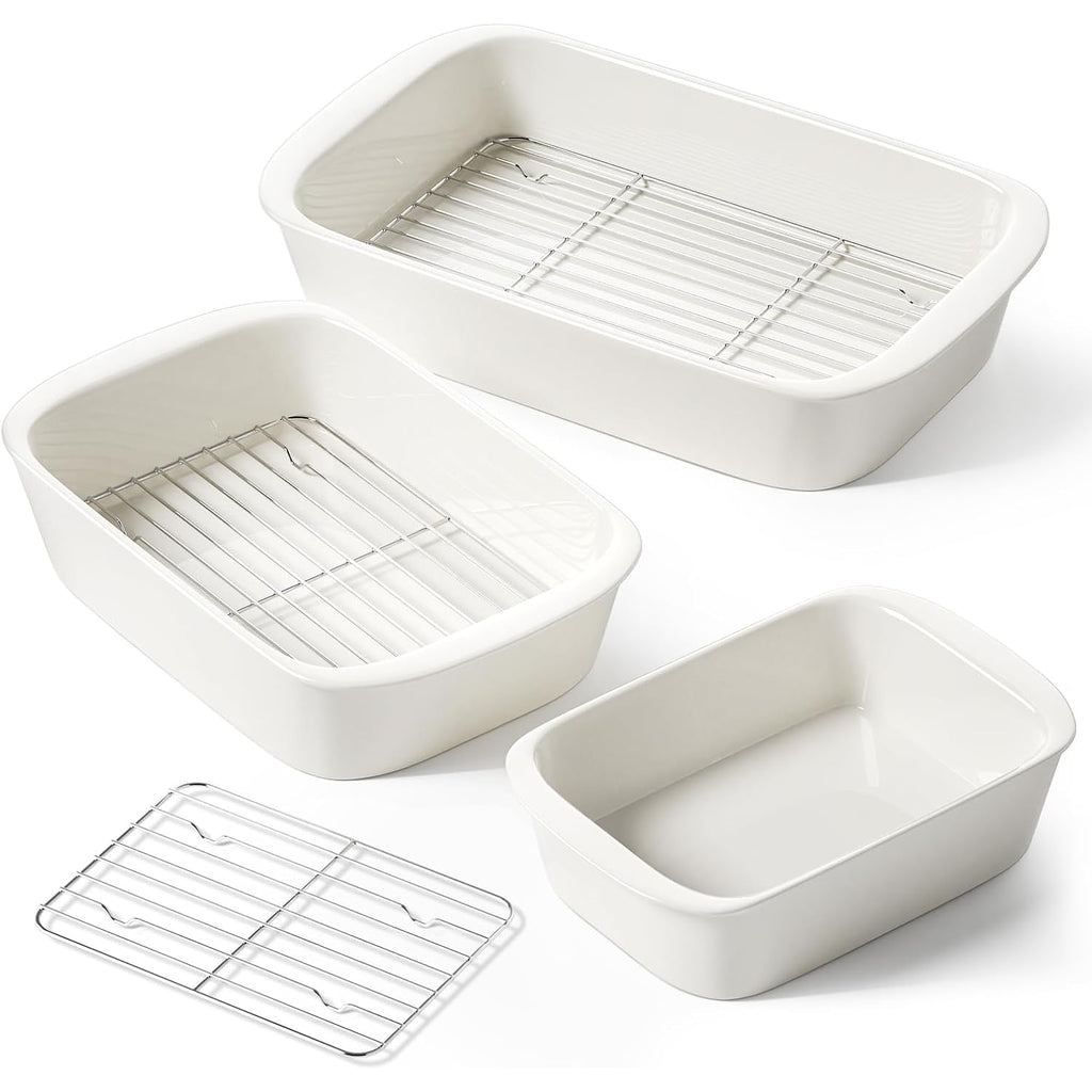 Le Tauci Deep Casserole Dishes For Oven, 13.7”X9.6” Ceramic Baking Dish Set With Roasting Racks, Large Lasagna Pans With Handles, Rectangular Bakeware As Gift For Mom, White (4.6Qt/3.0Qt/1.6Qt), Set Of 3