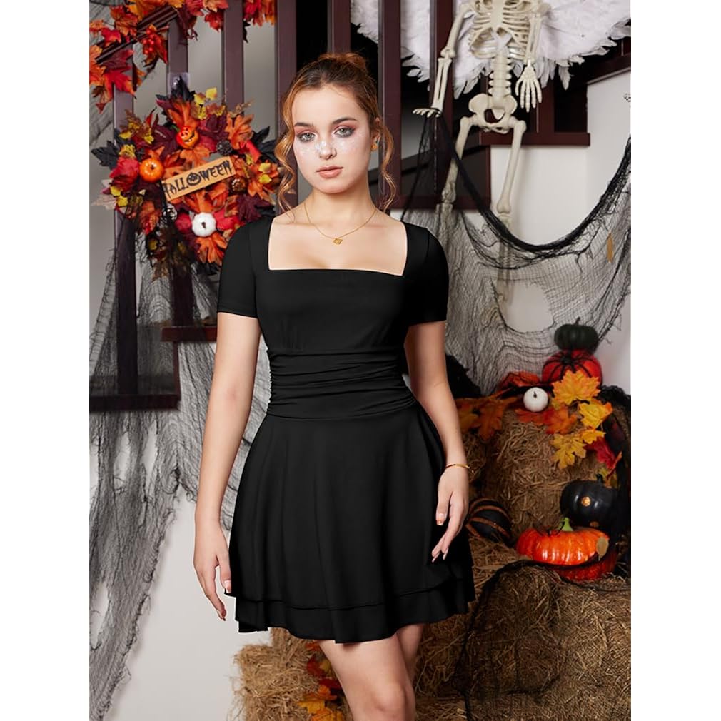 Women's Sexy Square Neck Short Sleeve Ruched Tiered Ruffle Hem Flowy Club Party Mini Dress