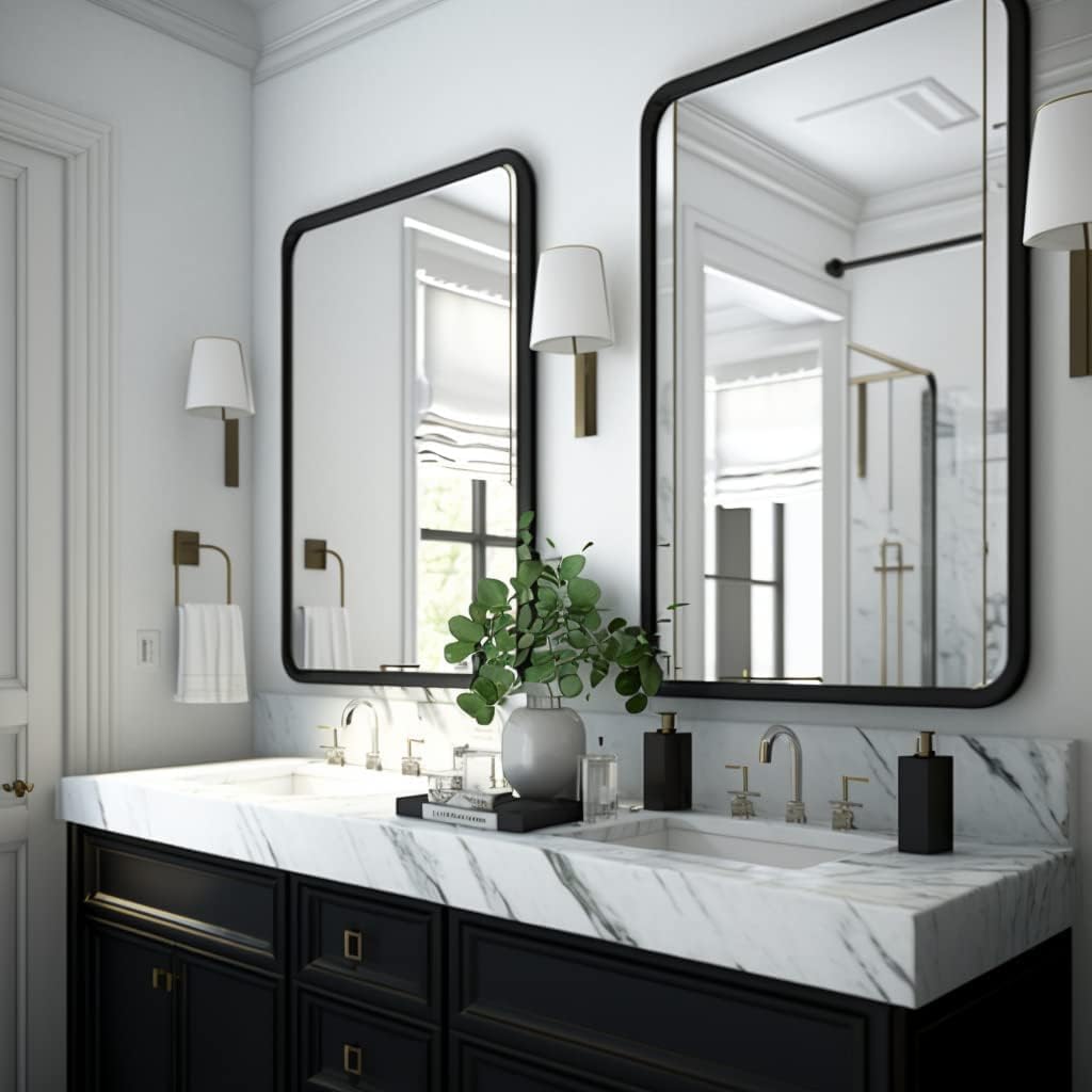 2-Pack Black Bathroom Mirrors For Over Sink 24 X 36 Inch, Metal Frame Rectangle Wall Mirror, Modern Farmhouse Vanity Mirror, Wall Mounted