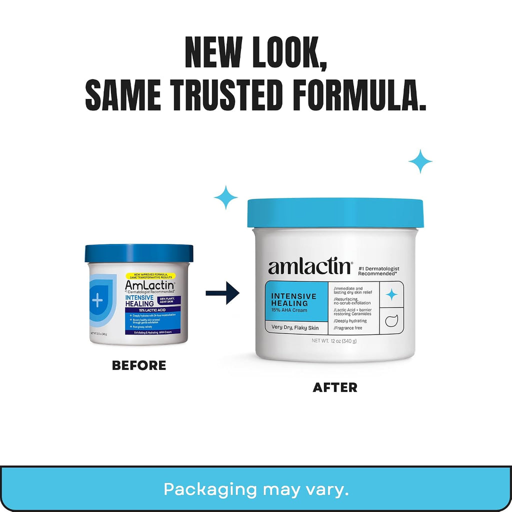 Amlactin Intensive Healing - Therapeutic Body Cream For Extremely Dry Skin - No-Scrub Exfoliator And Body Moisturizer Cream With 15% Lactic Acid Aha And Ceramides, 12 Oz (Packaging May Vary)