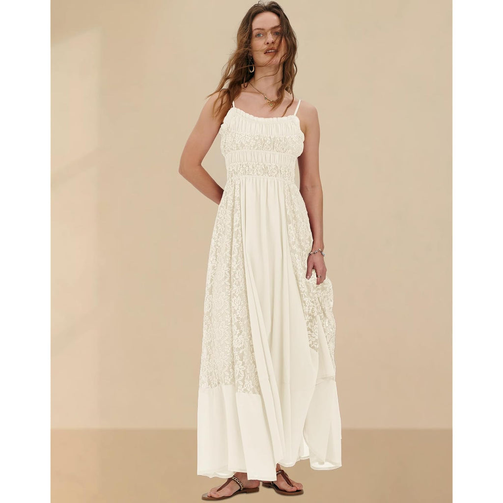 Gacaky Summer Dress For Women Casual Lace Floral Embroidered Bohemian Maxi Dress Flowy A Line Beach Long Dresses