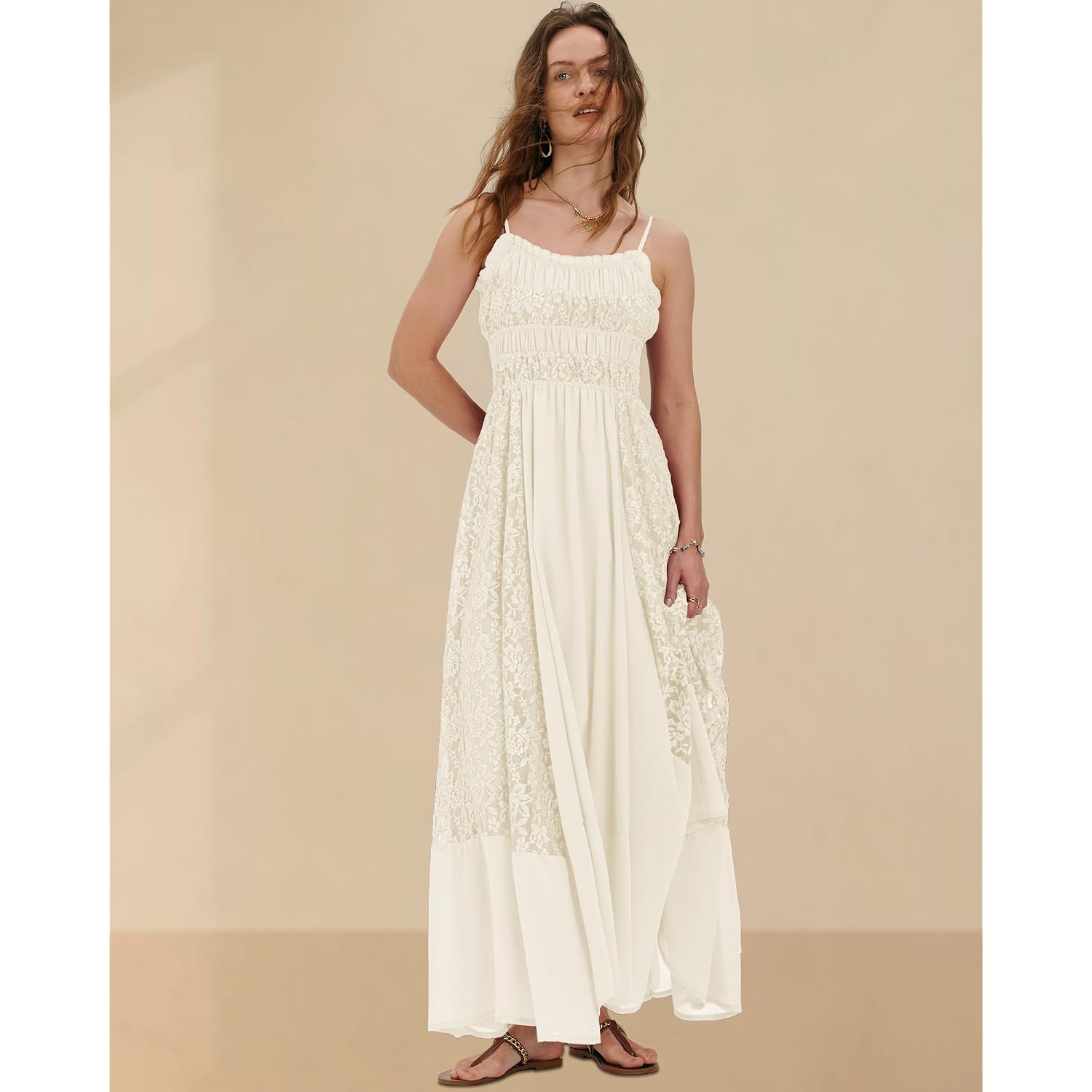 Gacaky Summer Dress For Women Casual Lace Floral Embroidered Bohemian Maxi Dress Flowy A Line Beach Long Dresses