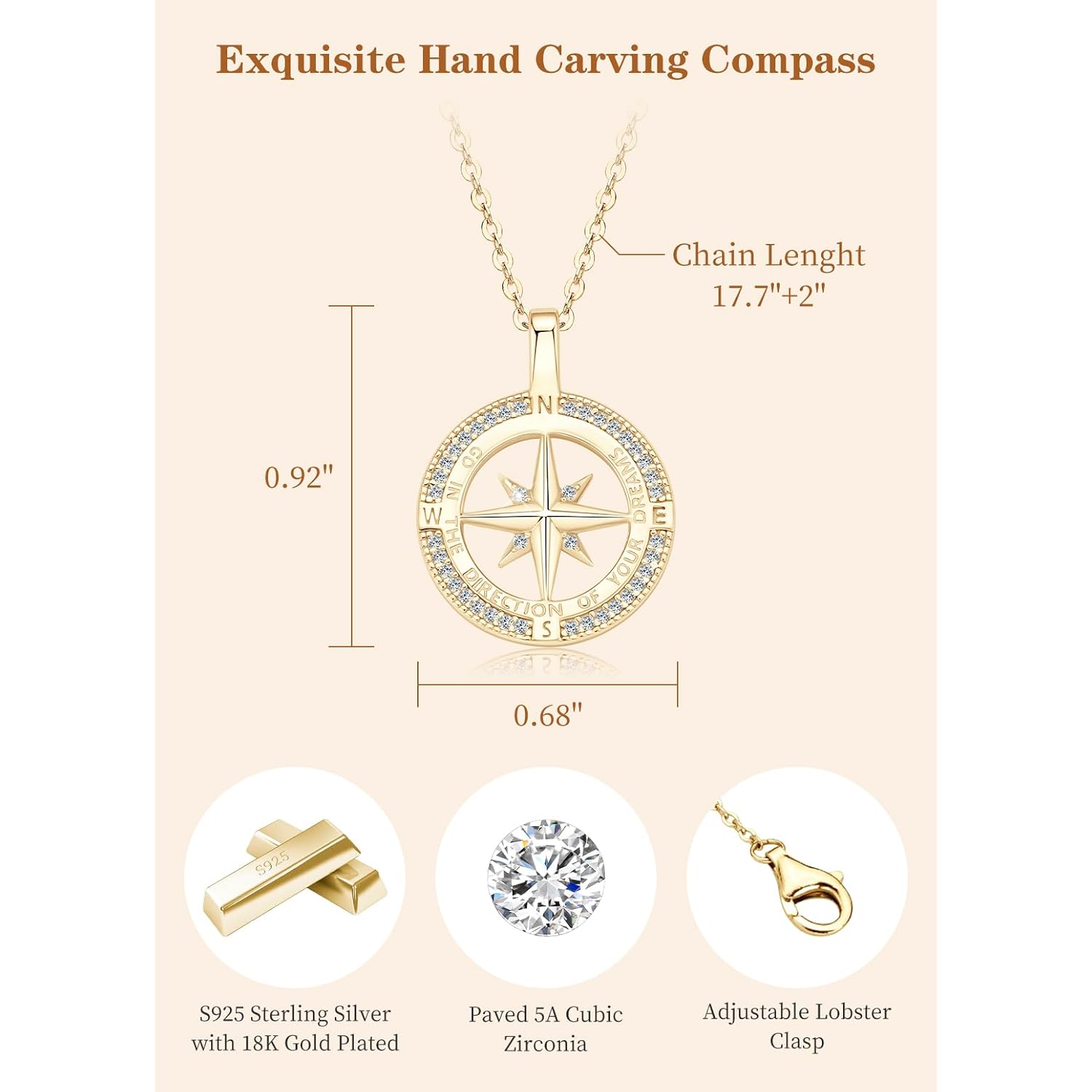 Compass Necklace for Women, 925 Sterling Silver Pendant Jewelry Cubic Zirconia Unisex Senior High School College for Masters Degree Graduation Birthday Christmas Ideas Gift