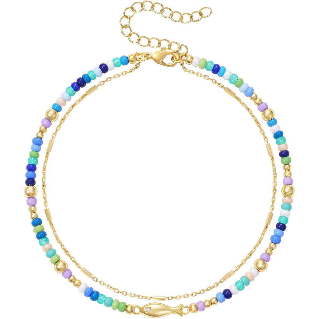 KELORIS PATH Layered Ankle Bracelets for Women, Beaded Anklets with 14K Gold Fish Adjustable Summer Waterproof Handmade Jewelry