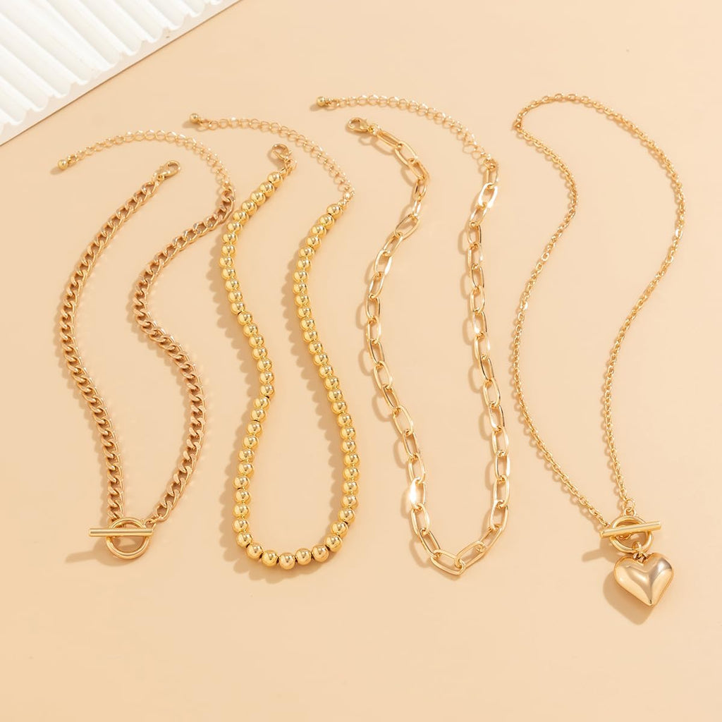 Otxas Layered Necklace for Women Non Tarnish Chunky Necklace Stack for Women Paperclip Chain Necklaces Retro Coin Medallion Heart Pendant Necklaces Chunky Jewelry Set