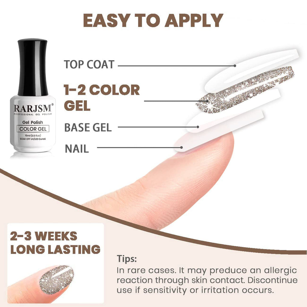 RARJSM Reflective Glitter Gel Nail Polish Champagne Brown Flash Diamond Nail GelPolish Soak off Disco Shimmer Gel Polish UV LED Curing Require 15ml 0.5FLOZ for Home Salon Diy Nail Manicure Decoration