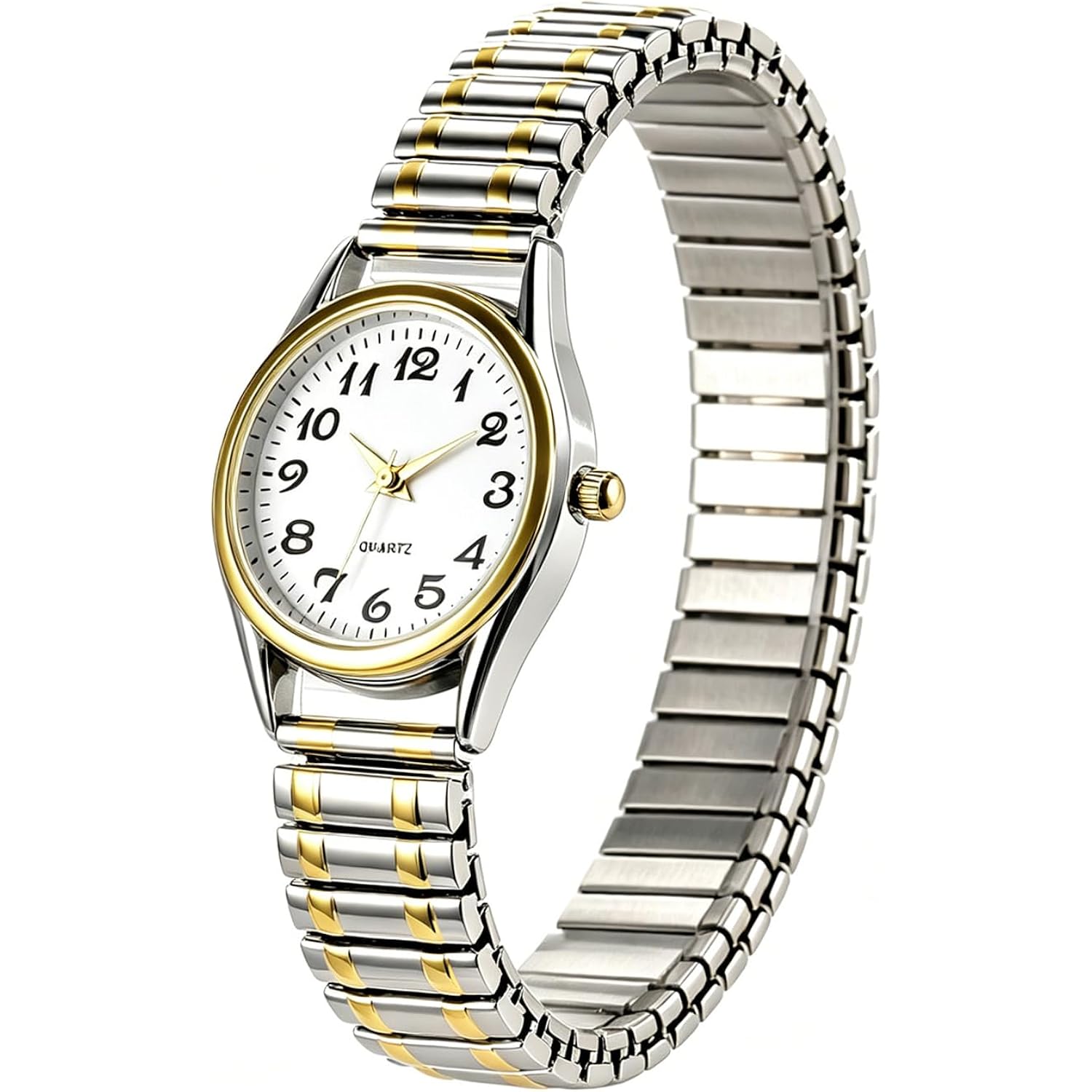 Jewelrywe Women'S Ultra Thin Easy Reader Watch With Elastic Strap Golden/Silver Tone Stretch Band Watches For Daily And Office