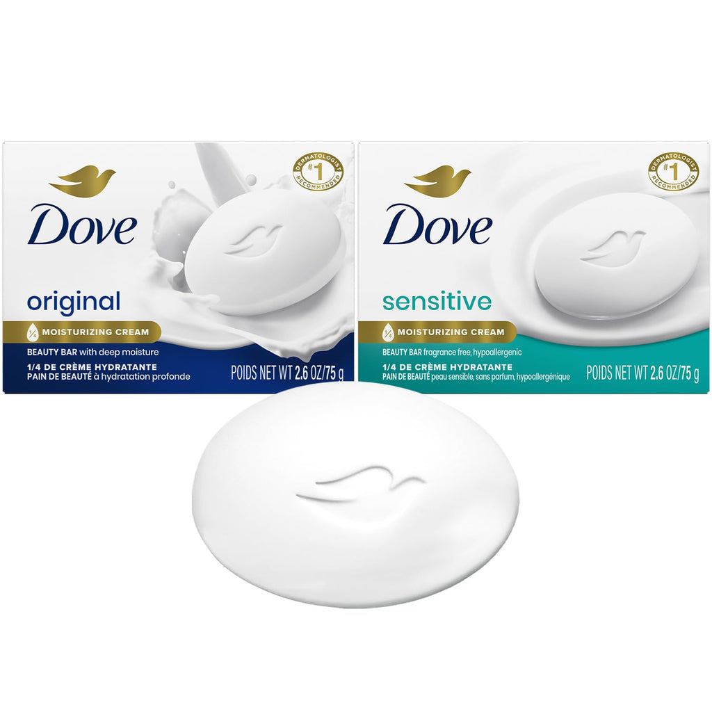 Dove Beauty Bar Sensitive & Original Variety 2-Pack – #1 Dermatologist Recommended Moisturizing Soap For Soft, Smooth Skin, 2.6 Oz Ea