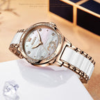 Olevs Womens Automatic Watch, Premium Large Face Diamond Accented Self Winding Watches For Women, Fashion Waterproof Ladies Dress Watch, Two Tone Stainless Steel Ceramic Bracelet
