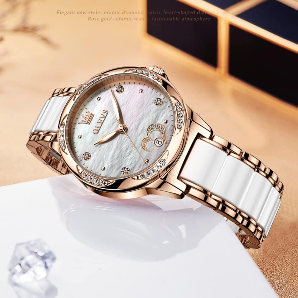 Olevs Womens Automatic Watch, Premium Large Face Diamond Accented Self Winding Watches For Women, Fashion Waterproof Ladies Dress Watch, Two Tone Stainless Steel Ceramic Bracelet