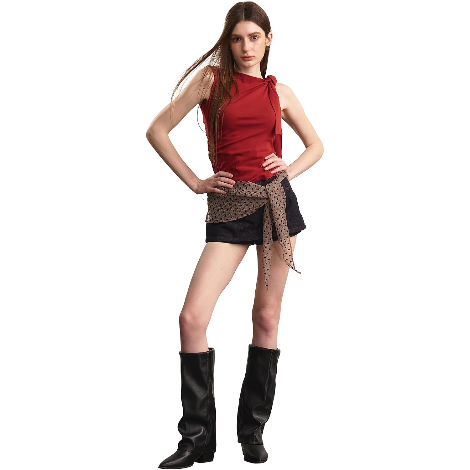 Knee High Boots Women, Fold Over Shark Boots Pointed Toe Block Heels Wide Calf，Minimalist Street Style Faux Leather Boots For Fall & Winter