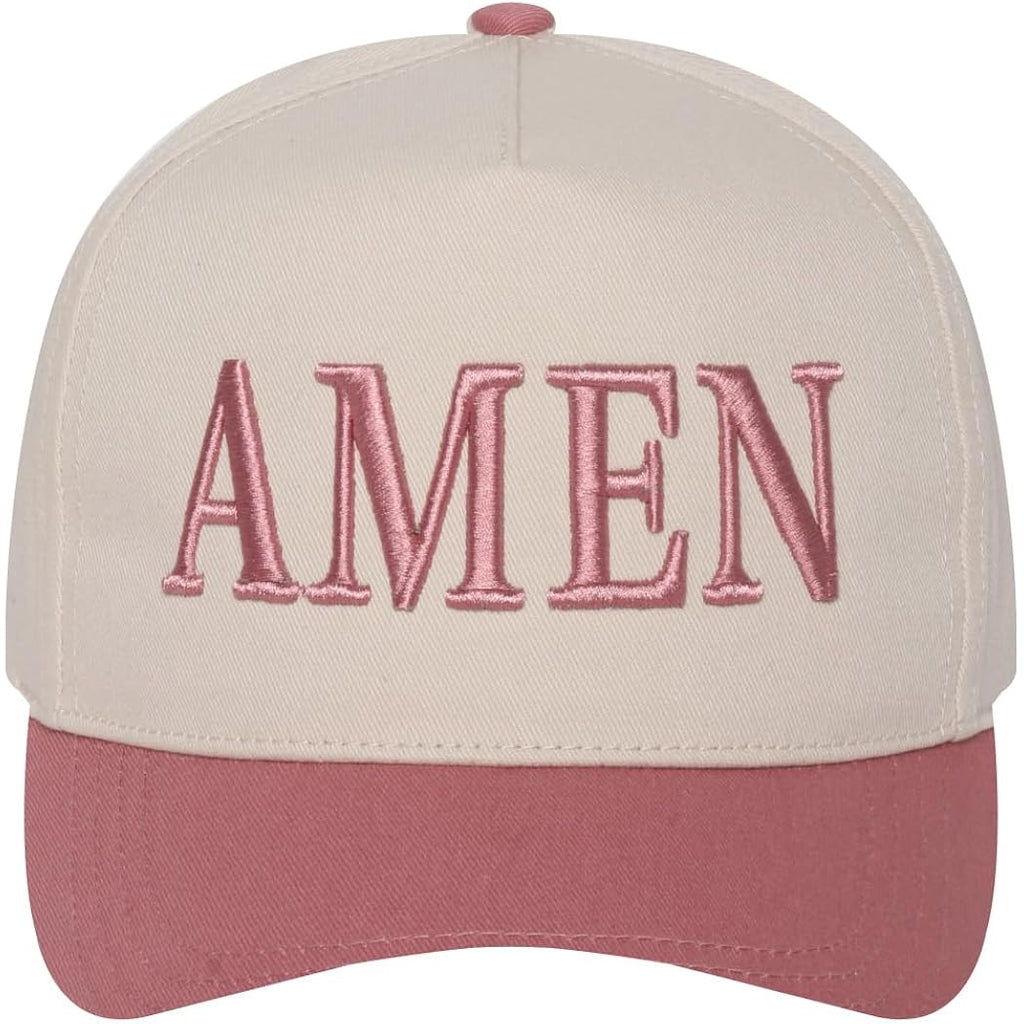 Christian Theme Embroidered 5 Panel Cotton Trucker Hat Snapback Cap for Men and Women Amen,dusty Rose