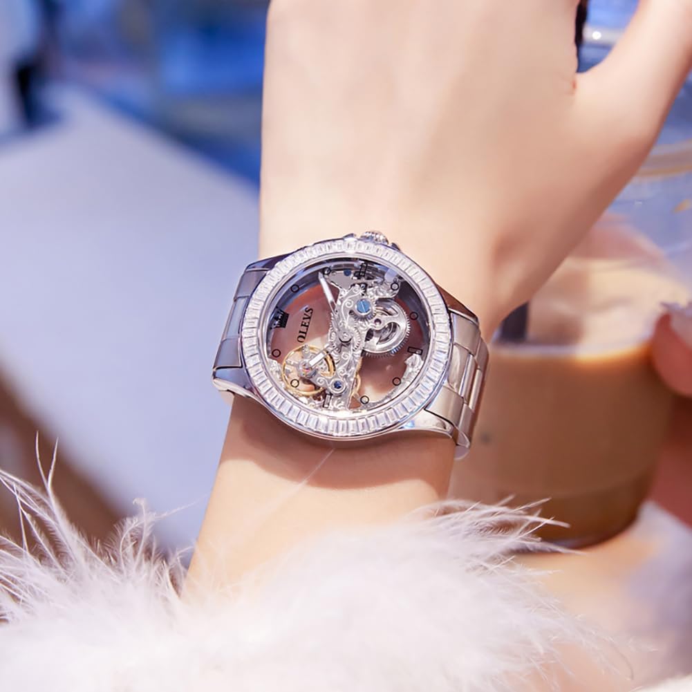 Olevs Women Watch Skeleton Set Automatic Mechanical Silver Luxury Dress Waterproof Luminous Lady Watch Gift Set
