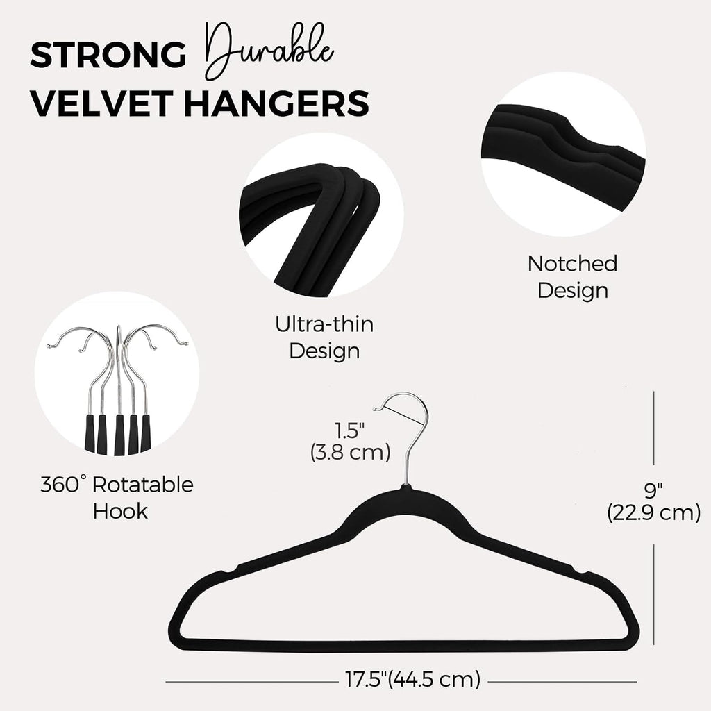 House Day Premium Velvet Hangers 50 Pack Black, Non-Slip Flocked Felt Hangers, Sturdy Clothes Hangers With 360° Rotatable Hook, Heavy Duty Coat Hanger, Durable Slim Hanger For Closet Space Saving