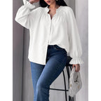 Womens Puff Long Sleeve Button Down Shirts Pleated V Neck Cotton Blouses Loose Fit Casual Ruffle Tops