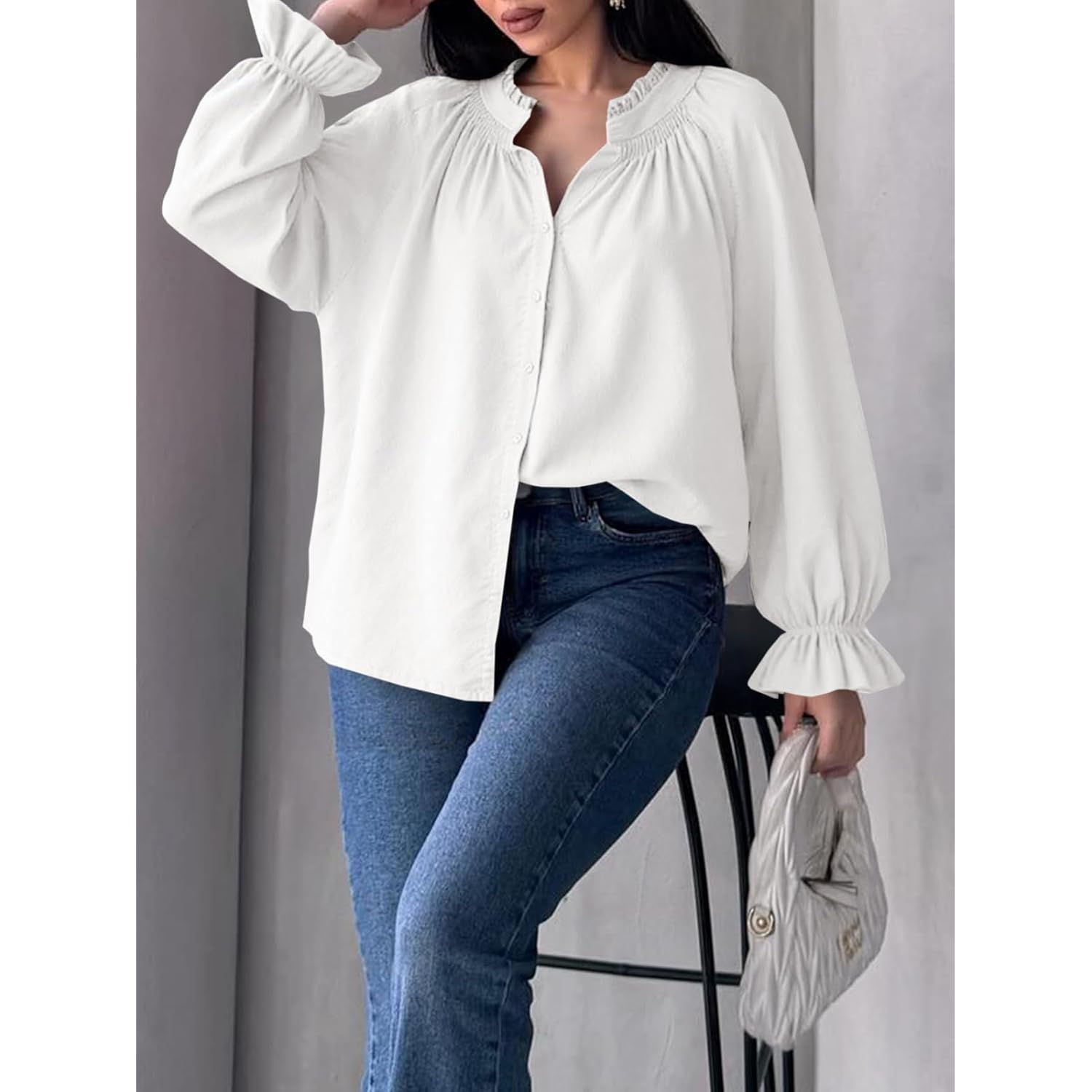 Womens Puff Long Sleeve Button Down Shirts Pleated V Neck Cotton Blouses Loose Fit Casual Ruffle Tops