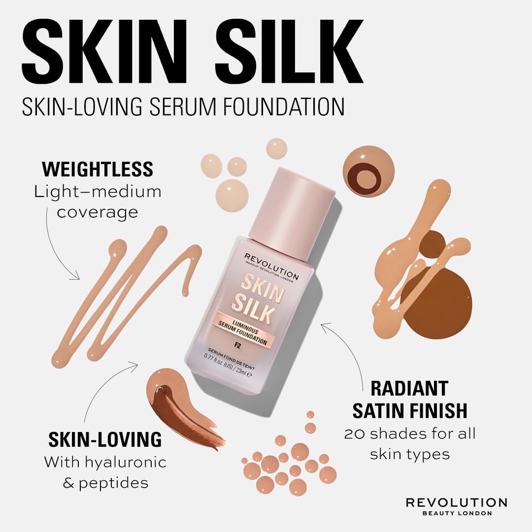 Revolution Skin Silk Radiant Satin Serum Foundation, Buildable Coverage with Hydrating Hyaluronic Acid for a Natural Finish, Vegan & Cruelty-Free, F1N Fair Skin Tones, 0.77 fl oz