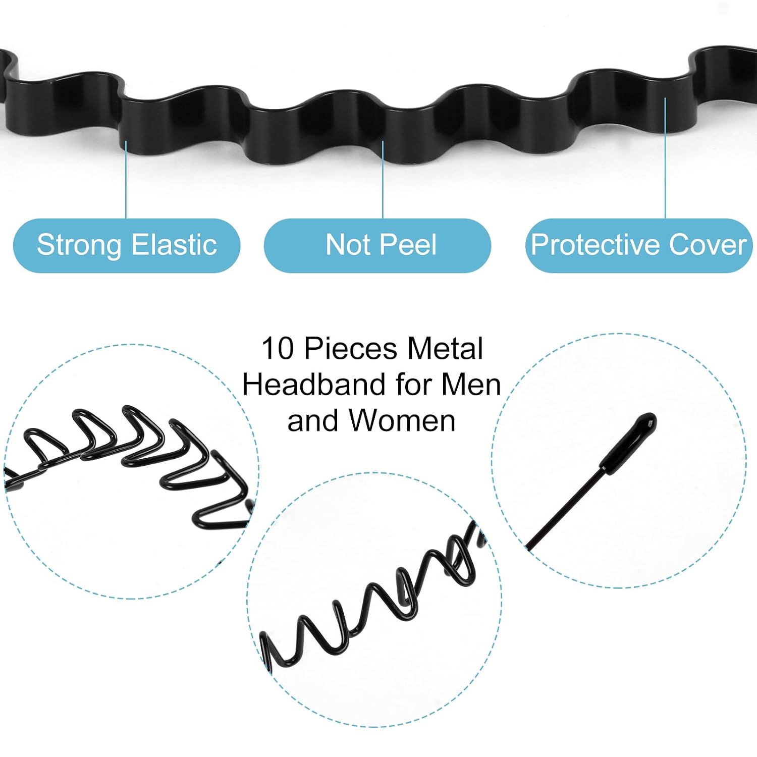 6Pcs Metal Hair Bands, Spring Wavy Hoop Unisex Black Headband Slicked Back Non Slip Sports Hairband For Women Men…