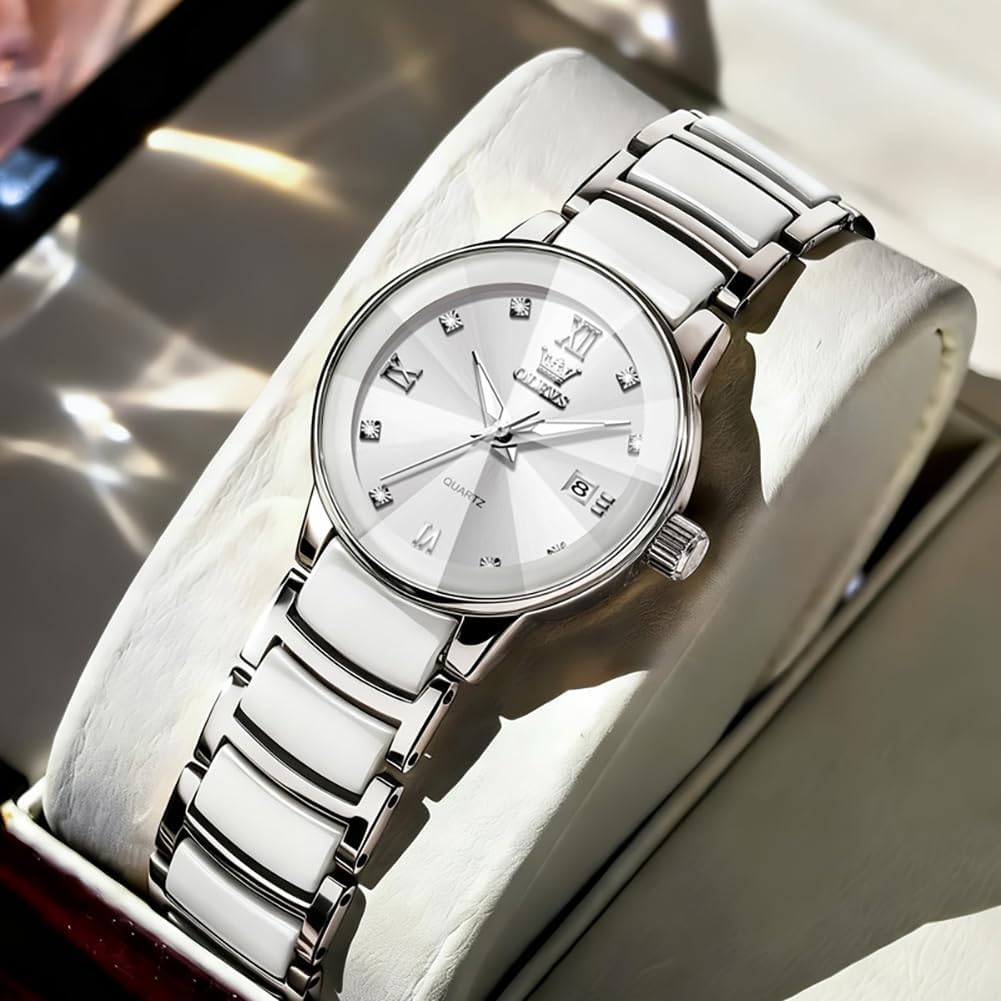 Olevs Women'S Watch Small Face Slim Ceramic And Stainless Steel Bracelet Luxury Diamond Accents Elegant Ladies Dress Wrist Watch Waterproof Luminous Quartz Jewelry Watches Gift For Women