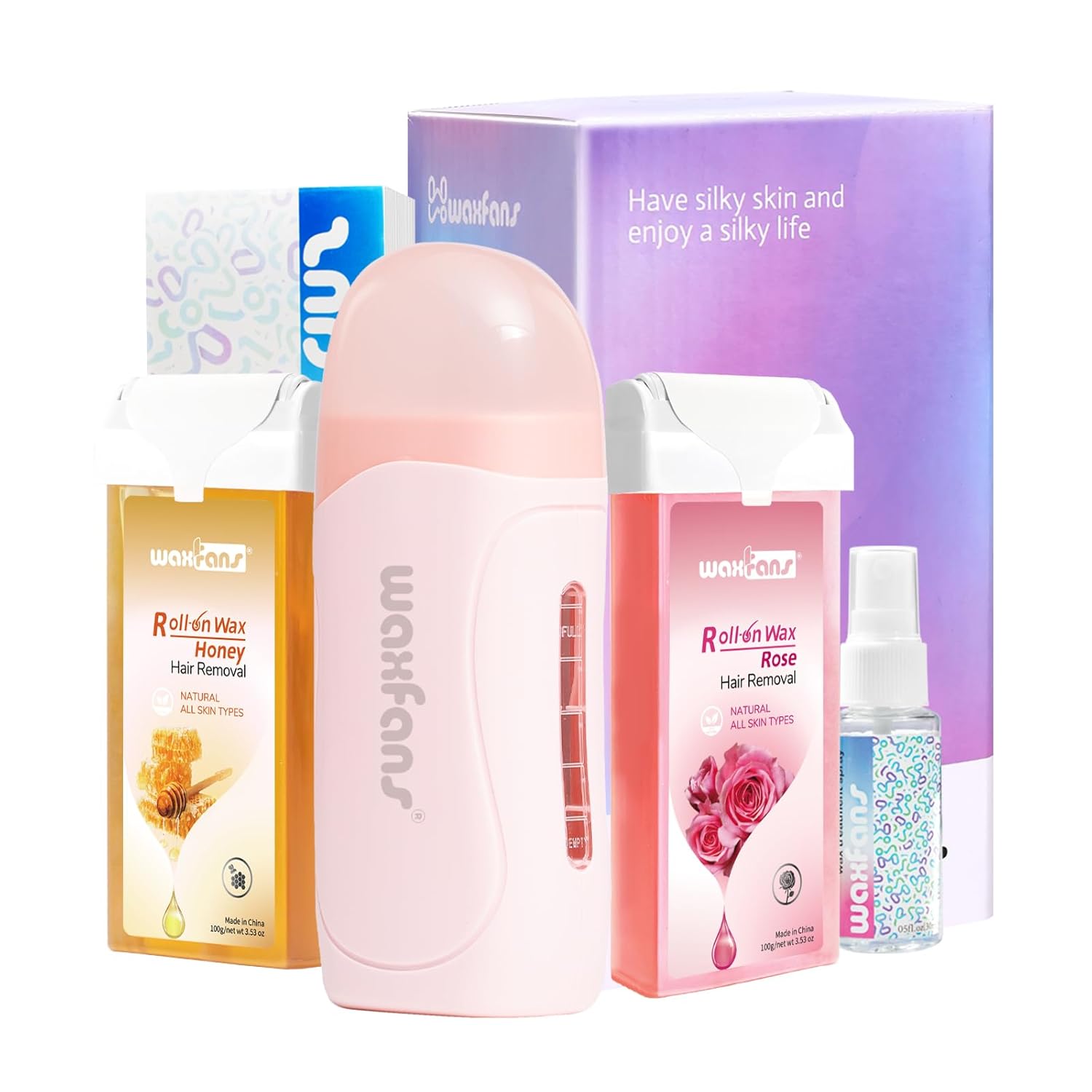 Waxfans Roll on Wax Kit, Waxing Kit for Women and Men, Wax Roller Waxing Kit for All Skin Types, Roll on Waxing Kit for Hair Removal, Wax Cartridges & 50 Pcs Wax Strips (Honey&Rose)