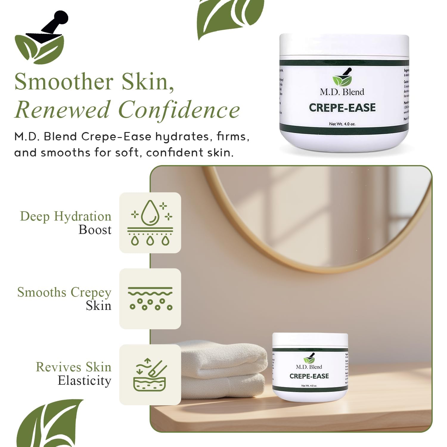 Crepe-Ease Body Moisturizer Anti Aging Retinol Cream Firming, Smoothing & Hydrating Cream For Crepey Skin On Neck, Arms & Legs Crepe Skin Repair, Advanced Crepe Fix, 4 Oz