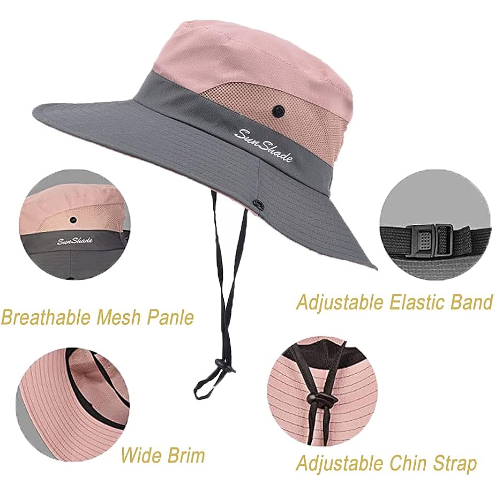 Women's Summer Sun-Hat Ponytail - Outdoor UV-Protection Mesh Wide Brim Foldable Hat with Ponytail Hole