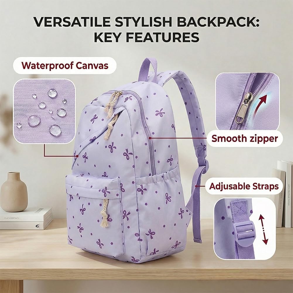 Crossbody Backpack With Bow, Travel And Campus Style Backpack For Women, Elegant Purple