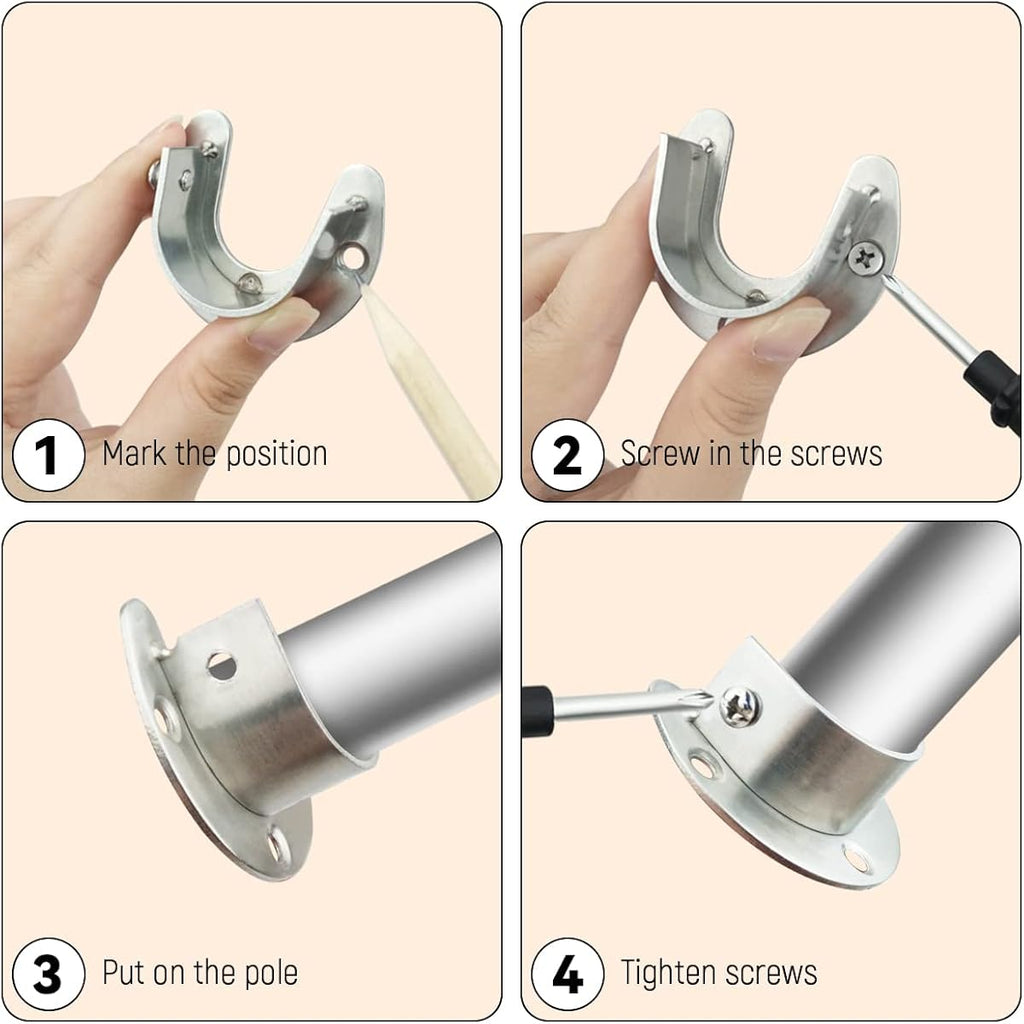 4 Packs Stainless Steel Wardrobe Bracket U-Shaped Rod Socket Flange 1-1/4" Diameter Heavy Duty Closet Rod Brackets End Supports For Closet Rod With Screws (Silver)