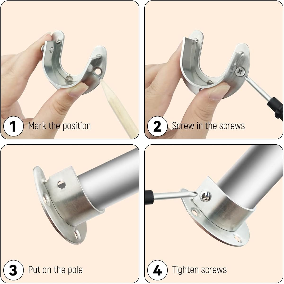 4 Packs Stainless Steel Wardrobe Bracket U-Shaped Rod Socket Flange 1-1/4" Diameter Heavy Duty Closet Rod Brackets End Supports For Closet Rod With Screws (Silver)