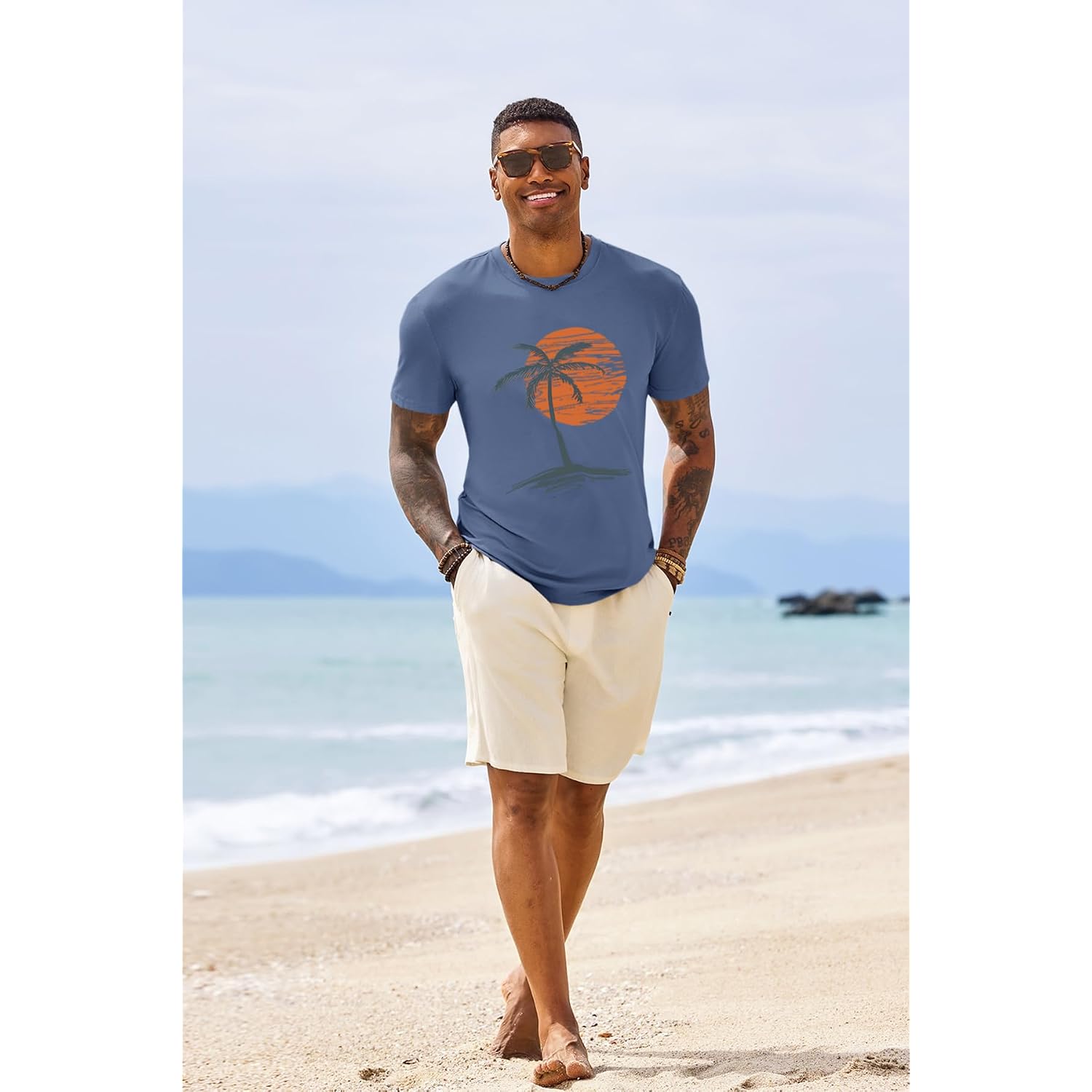 Runcati Mens Short Sleeve T-Shirts Graphic Crew Neck Casual Shirt Summer Beach Palm Tree Printed Vintage Hawaiian Tees