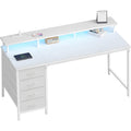 Dumos 40-Inch Gaming Desk With Power Outlets And Led Lights, White | Computer Desk With 4 Storage Drawers, Home Office Desk With Monitor Stand, Small Desk For Bedroom Study