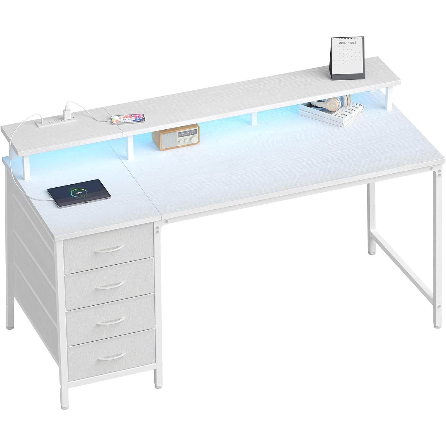 Dumos 40-Inch Gaming Desk With Power Outlets And Led Lights, White | Computer Desk With 4 Storage Drawers, Home Office Desk With Monitor Stand, Small Desk For Bedroom Study